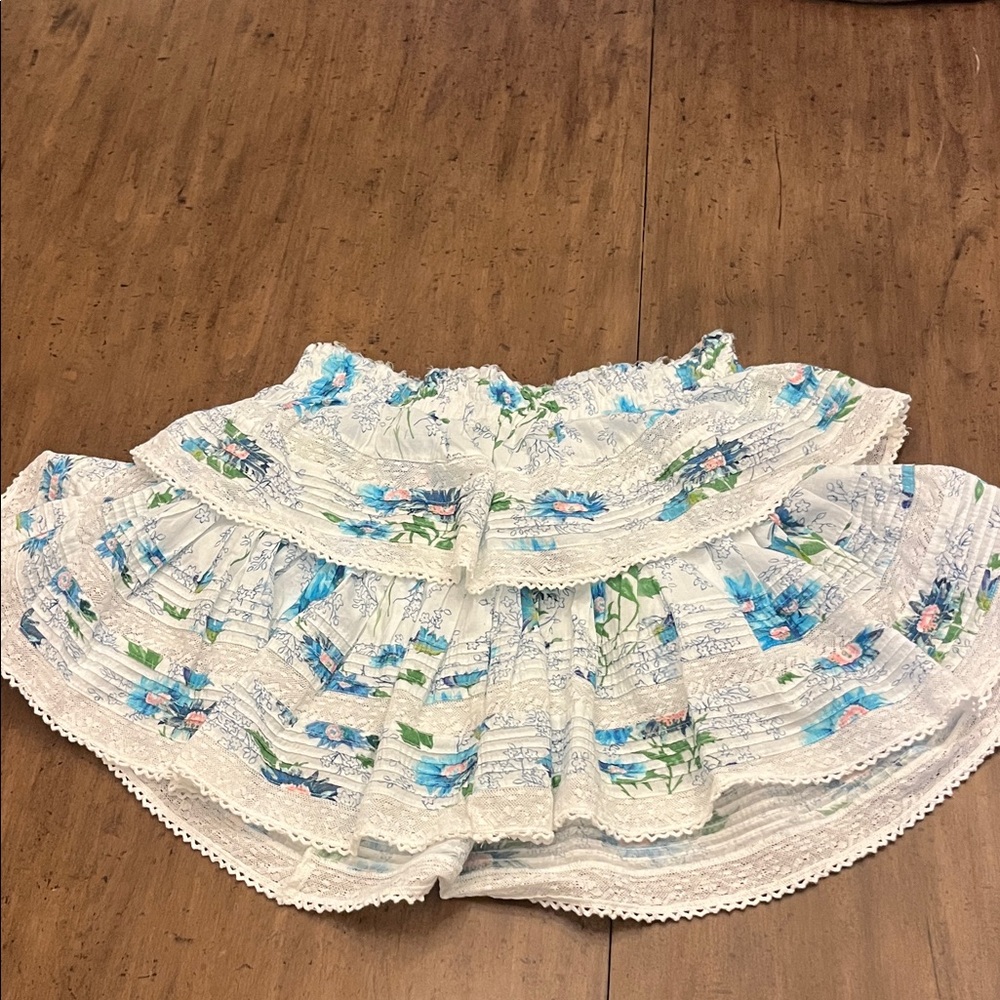 LoveShackFancy White and Blue Floral Midi Skirt